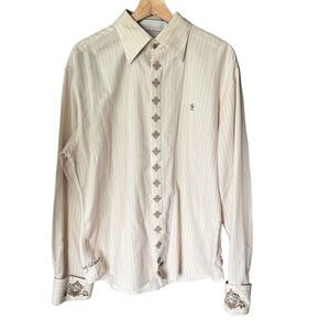 English Factory Shirt XL Embroidered Ivory Blue Striped Point Collar Artistic